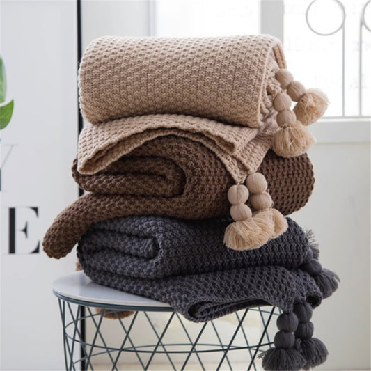 Nordic fringed knit ball blanket wool